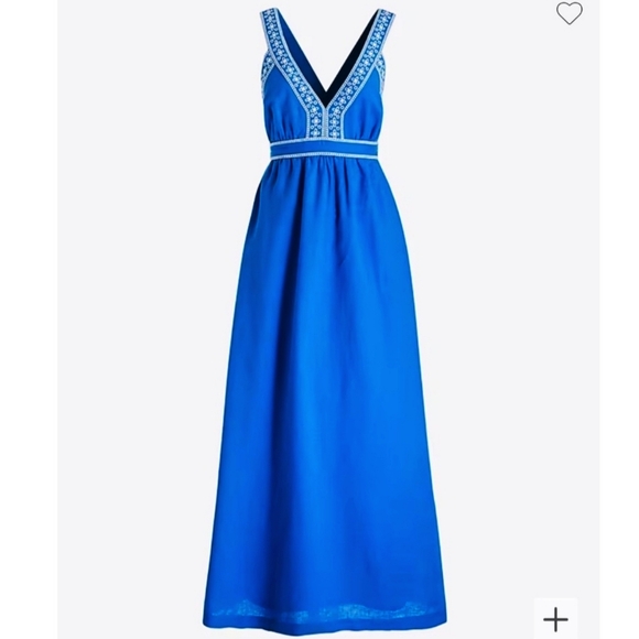 J Crew Dress Maxi Length Sleeveless Royal Blue White Eyelet Detail Linen Cotton - Picture 1 of 12